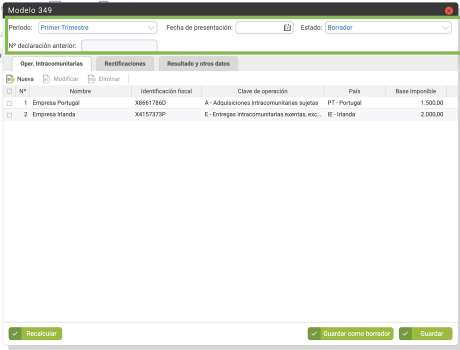 Modelo 349- Cabecera