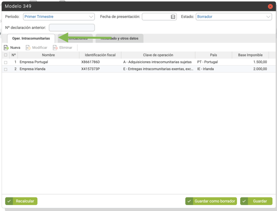 Modelo 349- Pestaña operaciónes