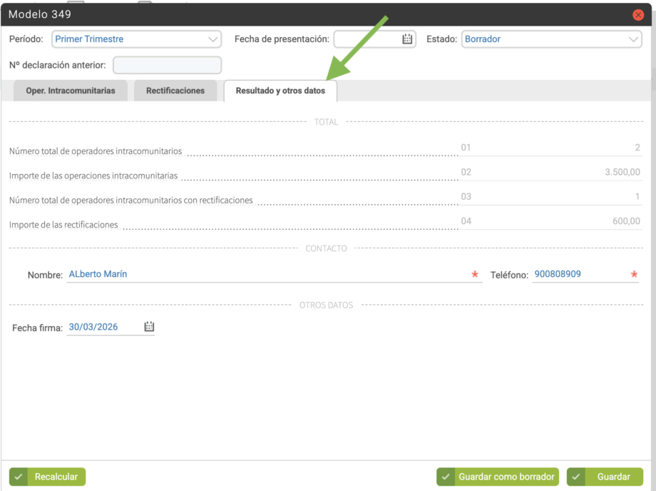 Modelo 349- Resultado